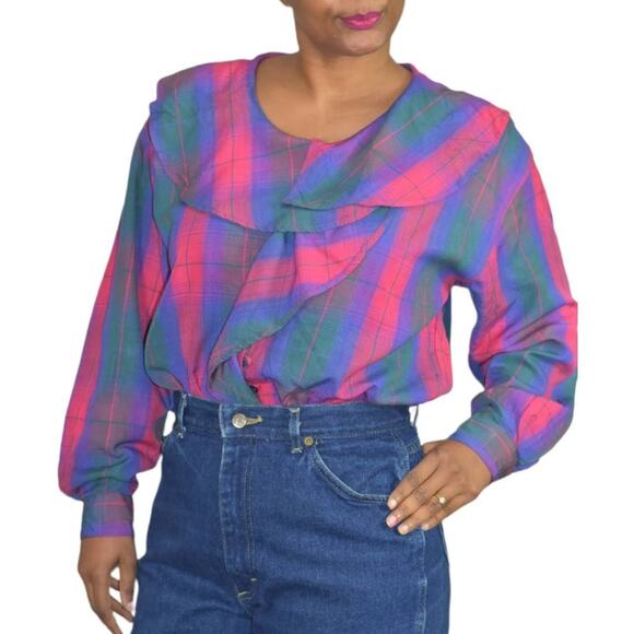 Ruffle Collar Blouse Vintage Pink Purple Plaid 90s Button Front Top Size Medium - Picture 1 of 12